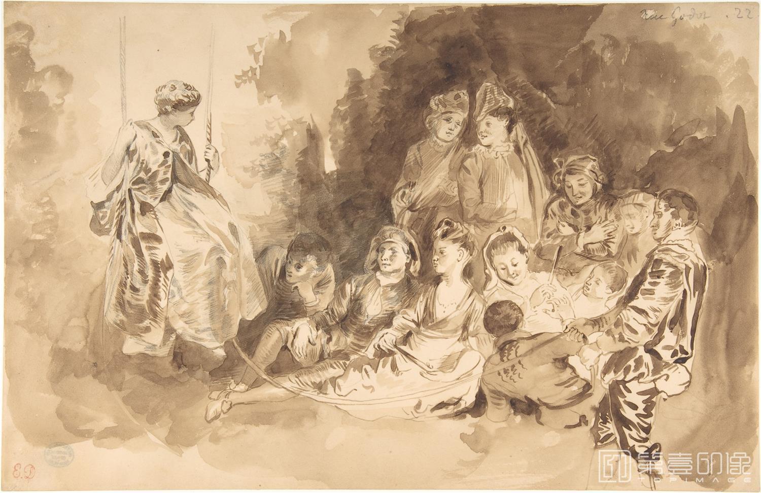 素描-美国纽约大都会美术馆素描藏画-Eugène DelacroixThe Swing, after Antoine Watteau-0587